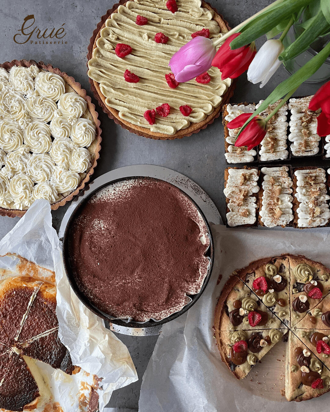 French Pastries Selection, Tiramisu Cheesecake, Tarts, Tartlets, Pistachio Cookies
